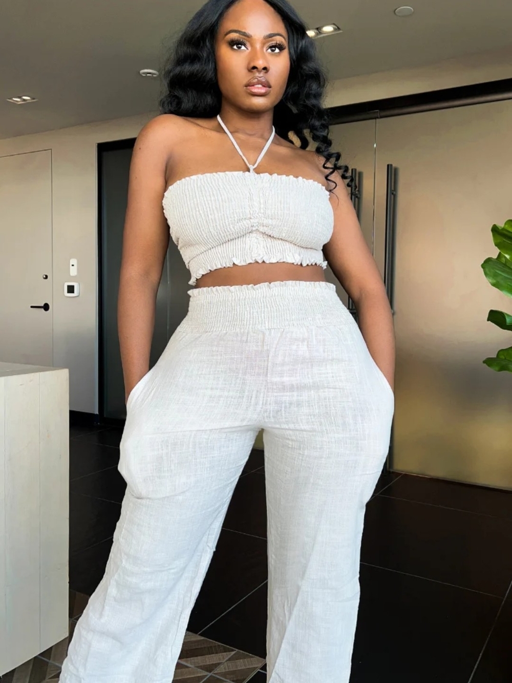 Smocked Waist High-Rise Linen Blend Pants Set in White